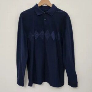 HAGGAR Men's Navy Blue Geometric Polo Long Sleeve Shirt Size M